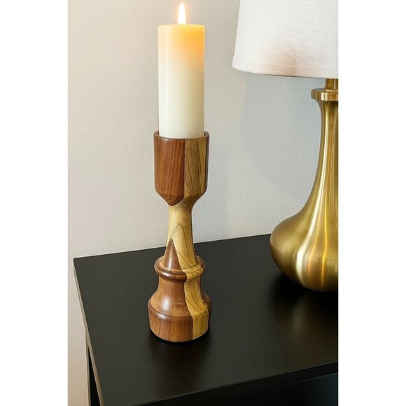 Hand Turned Handcrafted Candle Stick Holder Mixed Wood Olive Wood - Picture 1 of 12